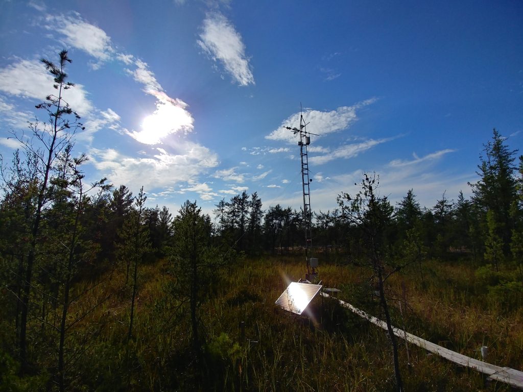 Part of a network of sites within the NOBEL water observatory, this solar-powered hydrometeorological tower collects information on weather conditions, moisture, and temperature properties of the moss below, and the release of water and carbon from the peatland.